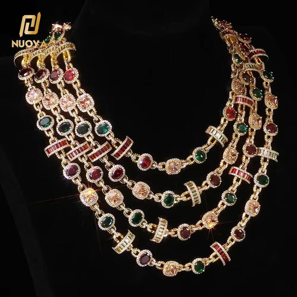 NUOYA Colored CZ Diamond Cross Link Chain Necklace Gold Plated Colorful Opal Link Chain Hip Hop Fine Jewelry for Men Women Gift