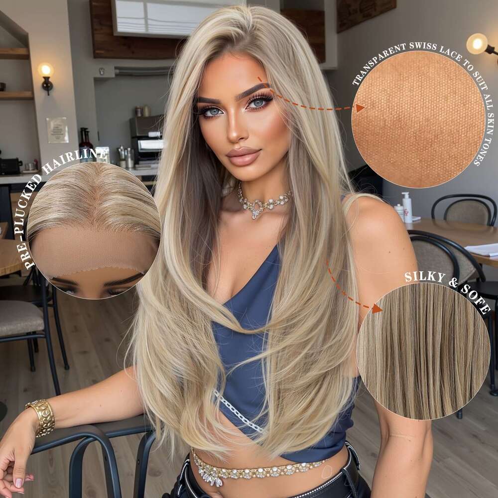 13X6 HD Transparent Front 26Inch Straight Hair Synthetic Glueless Lace Wig With Pre Plucked Natrural Hairline Daily Wear Party-Natural Look & Comfort 