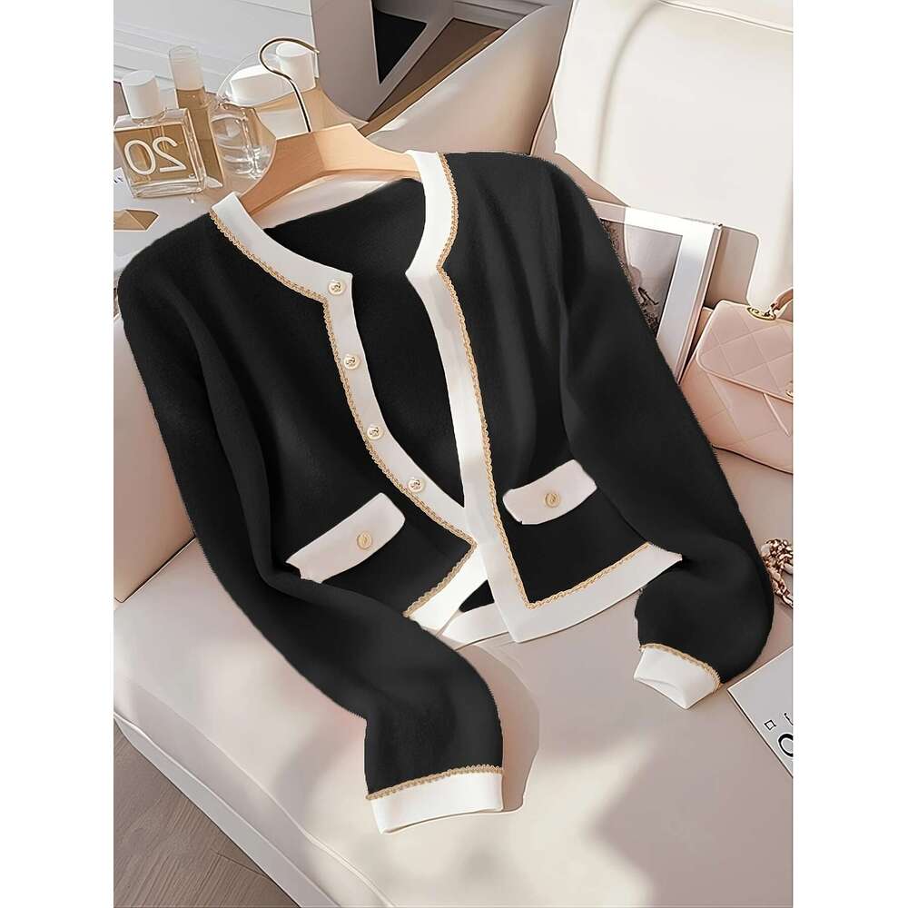 Women's Cardigan Pink Small Wind Round Neck Color-Block Cardigan Women's Fashion Versatile Autumn Top Jacket