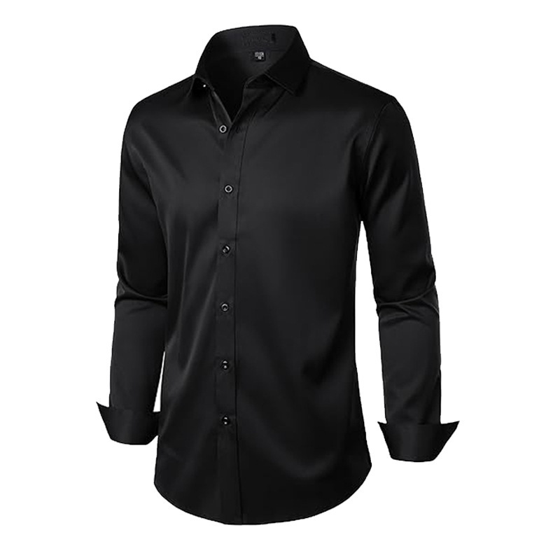 Business Commuting Gentleman Cardigan Long Sleeve Shirt Men Black Shirt Slim Fit Business Formal Solid Color Shirt
