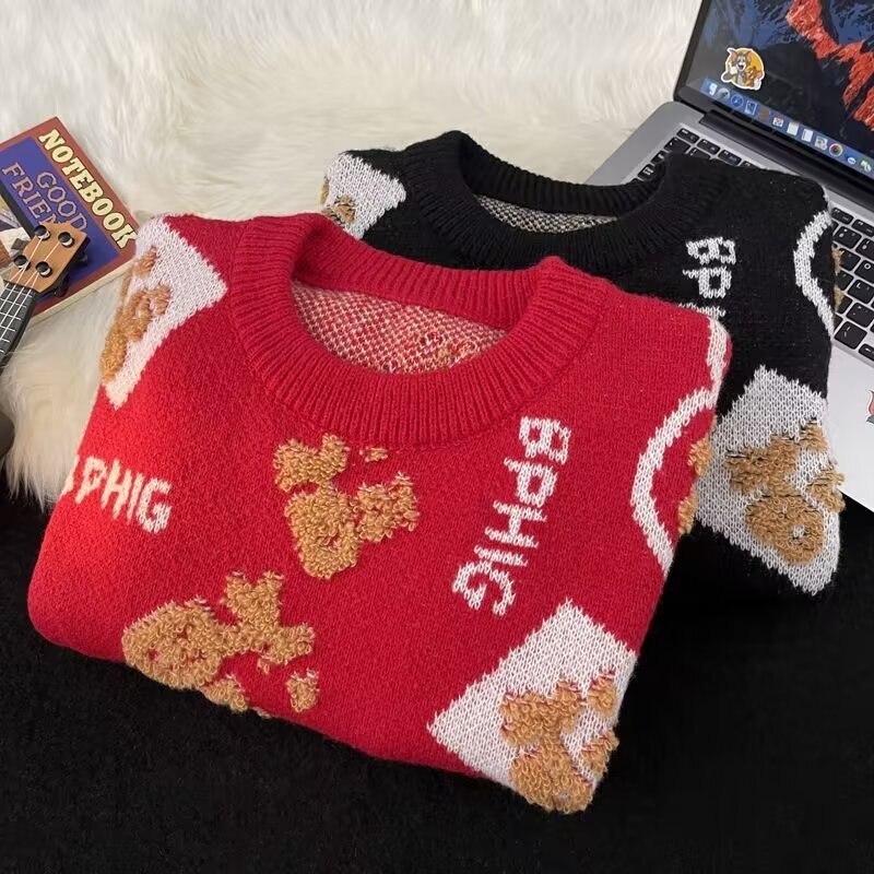 Red Festive Sweater With 'fu' Character For Men And Women Loose And Designer Sweater Lazy Style Knitted Top For Winter