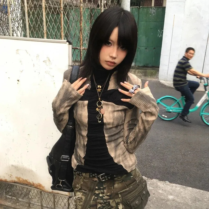 Karrram Japanese Y2k Ribbed Tops Vintage Harajuku Cross Print Tshirt Grunge Aesthetics Long Sleeve Patchwork Tops Trashy 2000s 251027