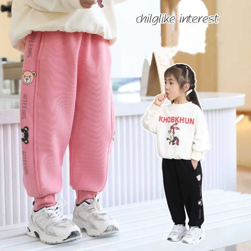 1pcs Boys Girls Winter Velvet Kids Pants Cute Little Bear Cartoon Mid Waist Warm Pantalones Baggy Thick Plush Children TrousersT251027