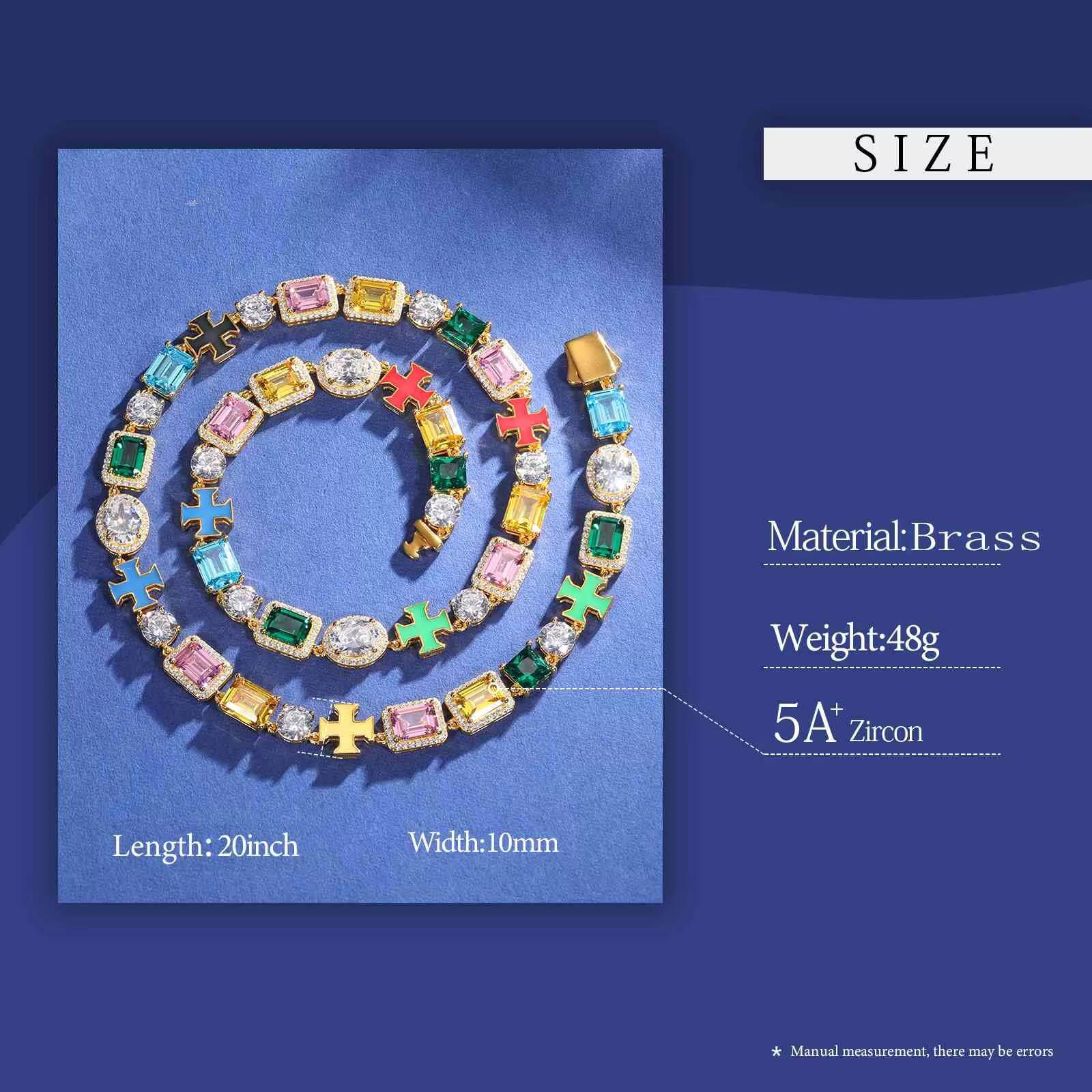 Gorgeous Mixed Gemstone Cross Tennis Chain 5A CZ Enamel Gem 18K Gold Plated Vintage Multi Colored Jewelry Necklace for Women Men