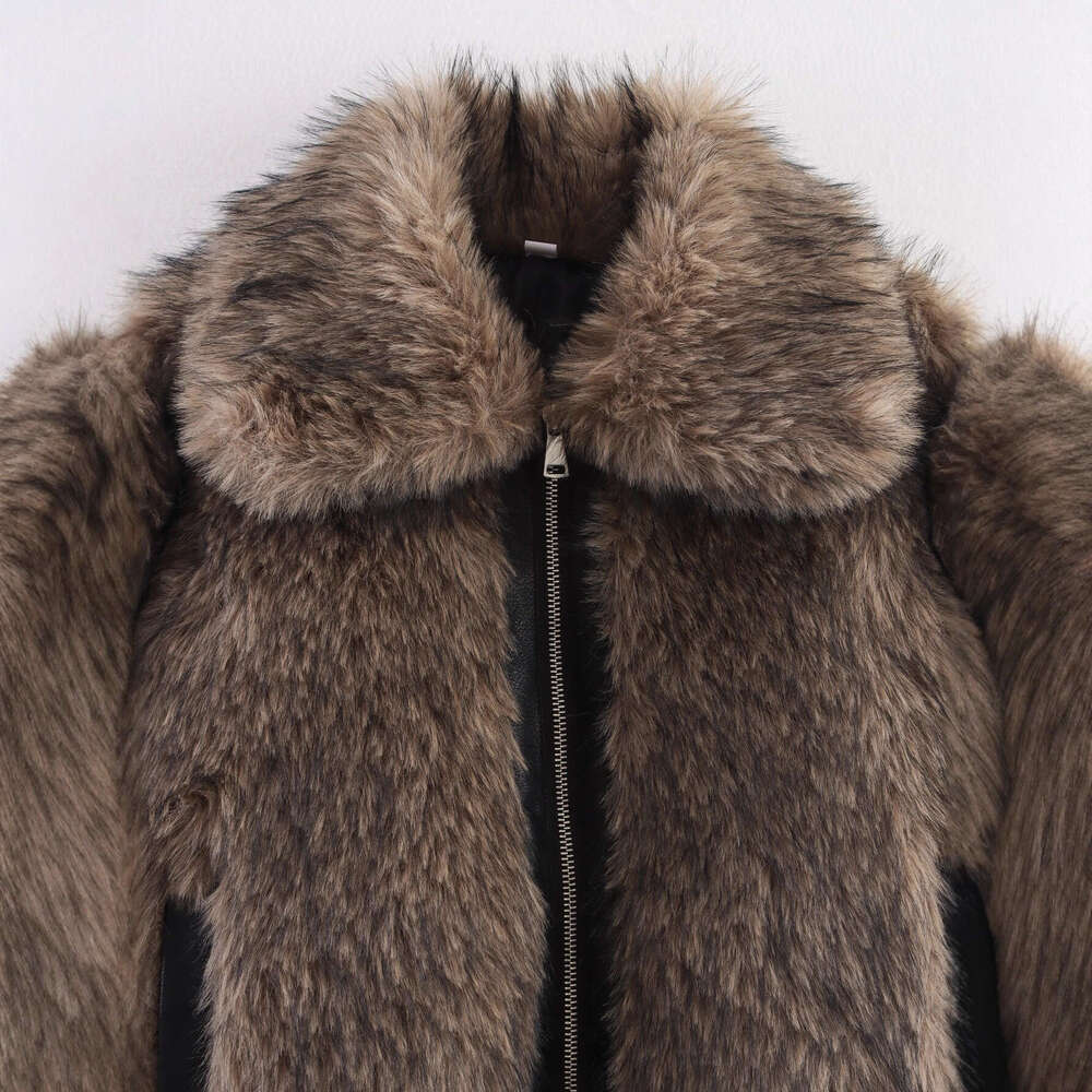 Women's Winter Coat Faux Fur Lapel Long Sleeves Loose Zipper Jackets Lady Pockets High Street Chic Warm Woman Outerwear