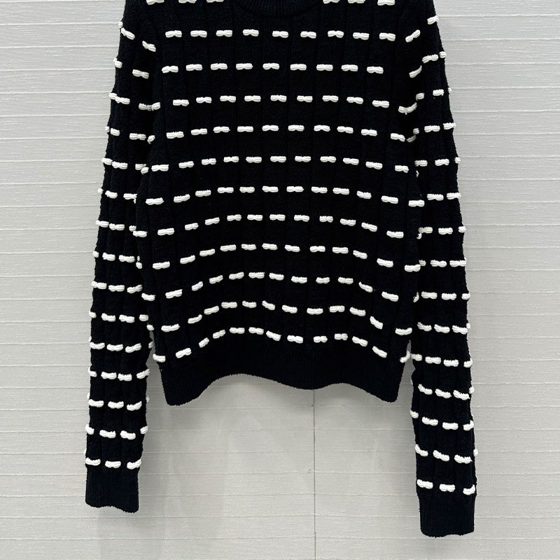 Luxury Designer Women's Black White Bow Long Sleeve Sweater Fashion Runway Wool Blend Round Neck Soft Pullover Two Colors Classic Winter Base Clo