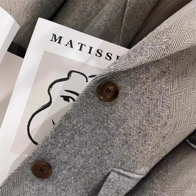 High Quality Grey Herringbone Women Woolen Blazers Coat Casual Top Office Wool Singlebreasted Suit Jacket Autumn Winter 251027