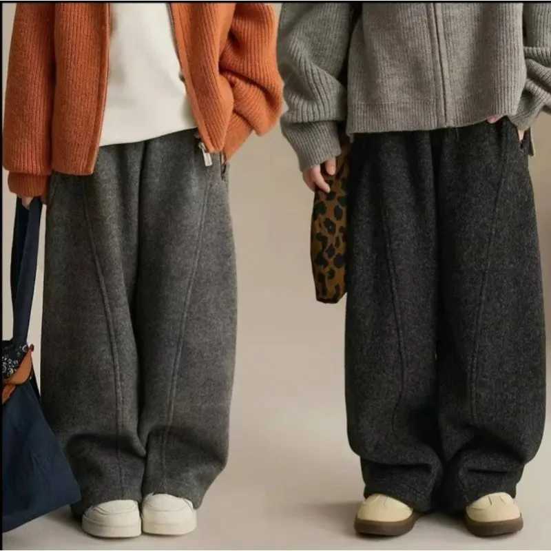 Family Matching Outfits Boys Girls Woolen WideLeg Pants 2025 Western Style Kids Casual Pant Mom Kids StraightLeg TrousersT251027