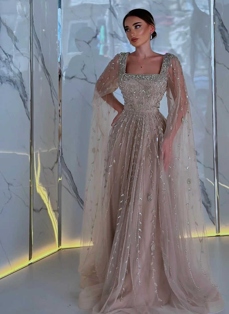 Modern A-Line Evening Dress Shawl Sleeve Prom Gowns Boat Neck Beads 3D-Lace Sexy Prom Dress vestidos de novia Size Customized Robes De Mariee L252815