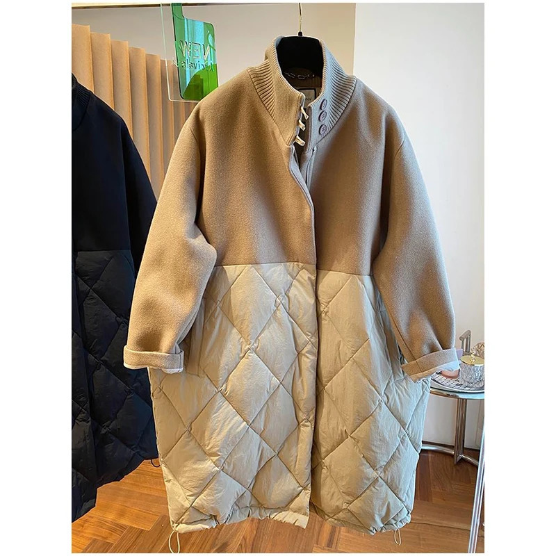 Parkas Woolen Stitching Down Cotton Coats Womens Loose Cashmere Jackets Winter Fashion Long Sleeve Warm Outwear Female 251027