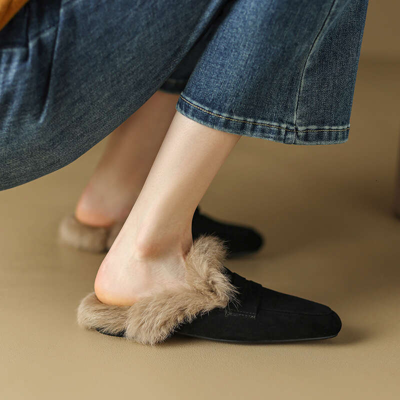 Furry Slippers for Women, Outdoor Loafers, Lazy Half Slippers, French Genuine Leather Mules, Winter Versatile Single Shoes, Large Size