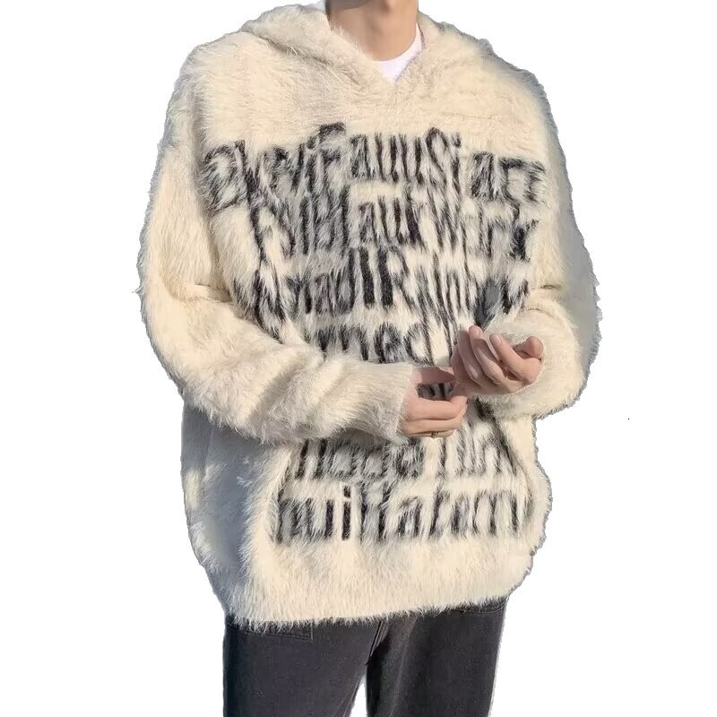 Mink Velvet Letter Jacquard Hooded Designer Sweater Sweater Men's Autumn And Winter New High Street Loose Casual Couple Knitwear Trendy Brand