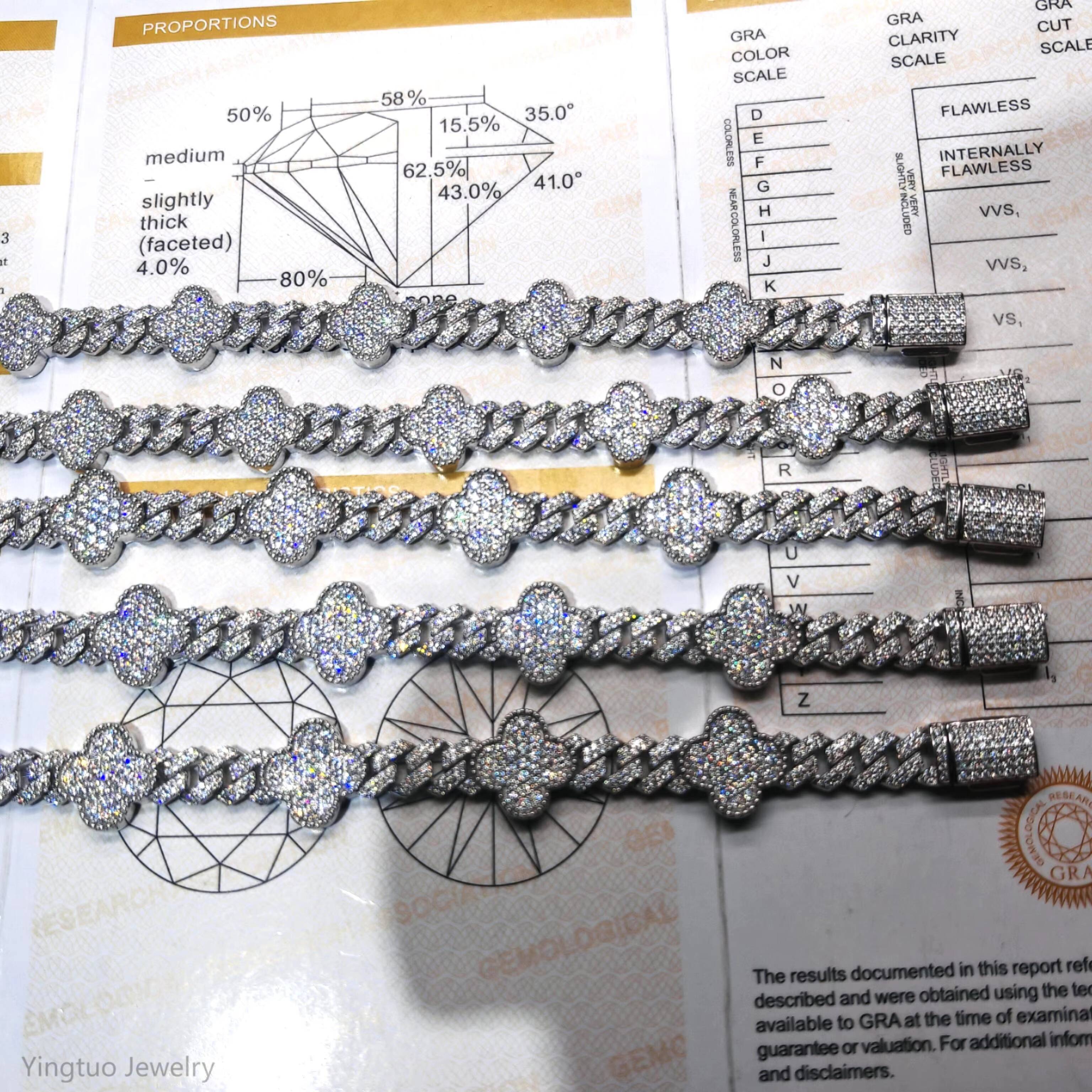 Wholesale Hip Hop Fine Jewelry S925 Silver VVS D VVS Moissanite Bracelet Iced Out Four Leaf Clover Cuban Link Chain for Men