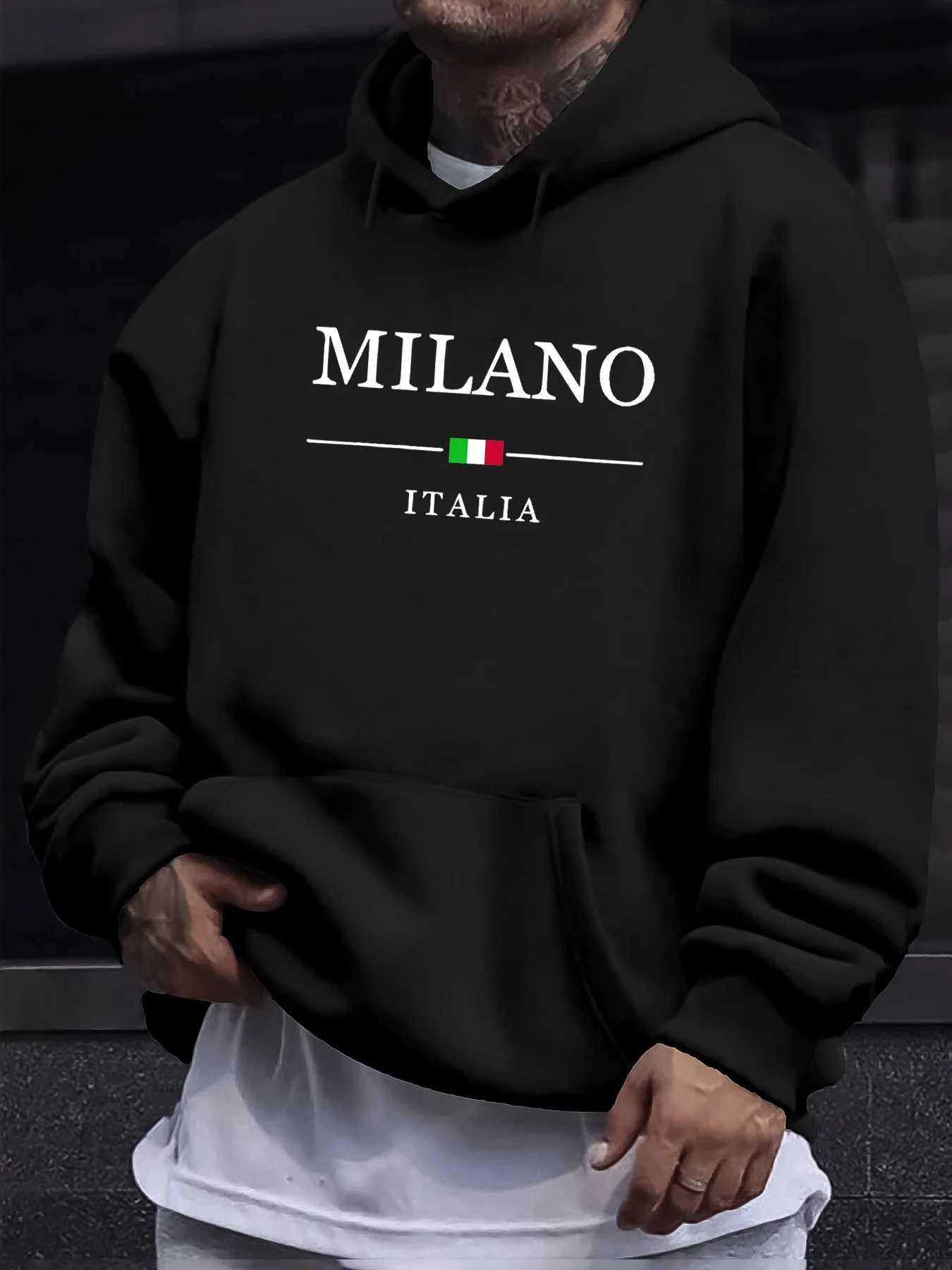 Mens AutumnWinter Casual Fashion Loose Hoodie MILANO ITALIA Pattern Printed Long Sleeve Warm Hoodie W251027
