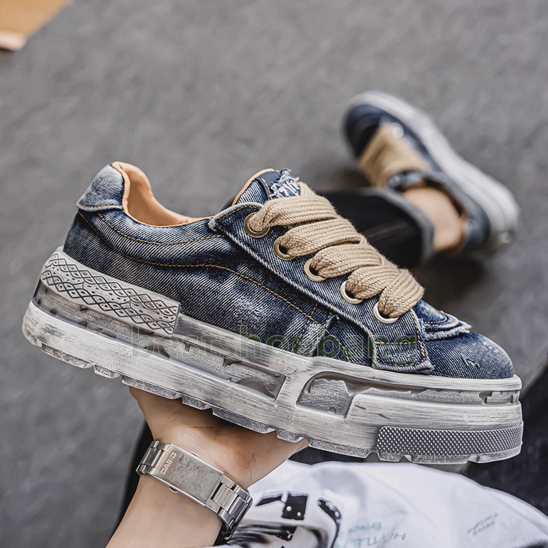 chic casual mens designer shoes canvas sneakers comfy anti-slip vintage washed blue denim style height-boosting durable trainers size 39-44