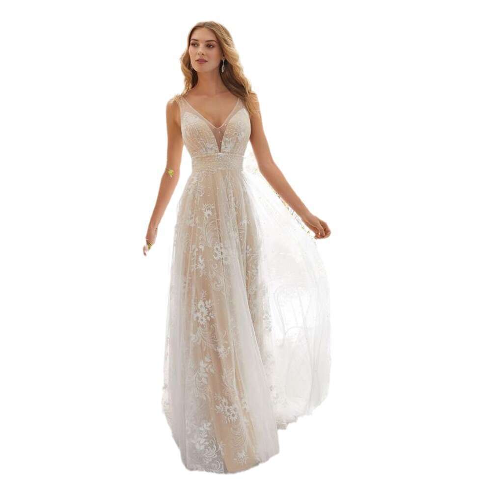 2025 New Sexy Design Fashion V-neck Sleeveless Lace Wedding Dress Gown