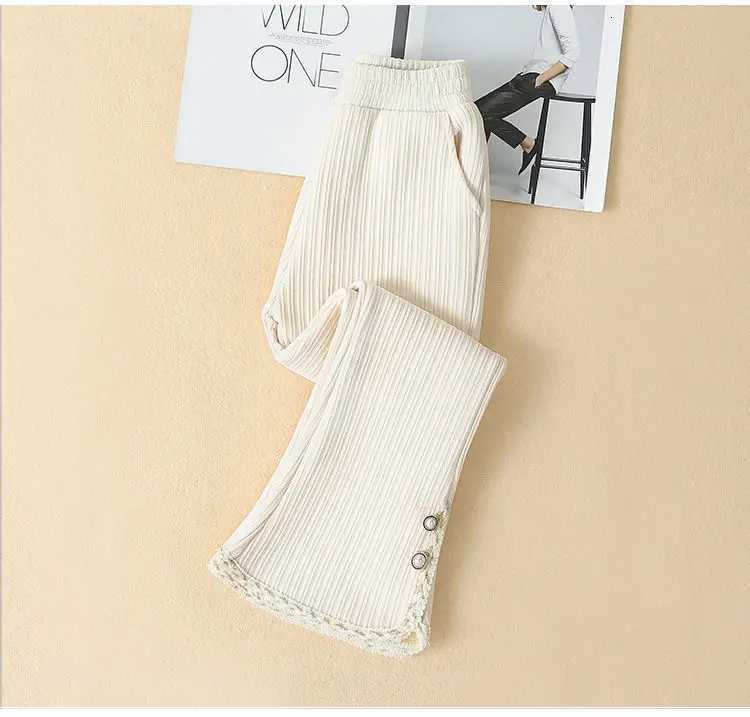 2025 Winter Girls Chenille Flared Pants Thick Fleece Lined Bell Bottoms with Lace Trim Warm Cute Casual TrousersT251027