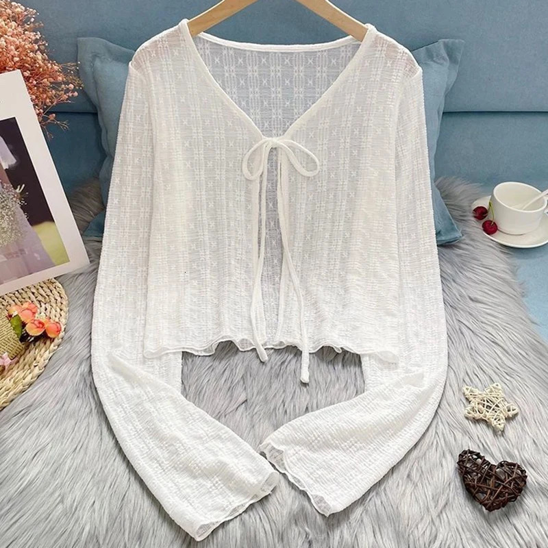 White Tie Up Summer Cardigan Women Sexy Long Sleeve Sheer Mesh Crop Tops Woman Chic All Match Short Printed T Shirt Mujer 251027