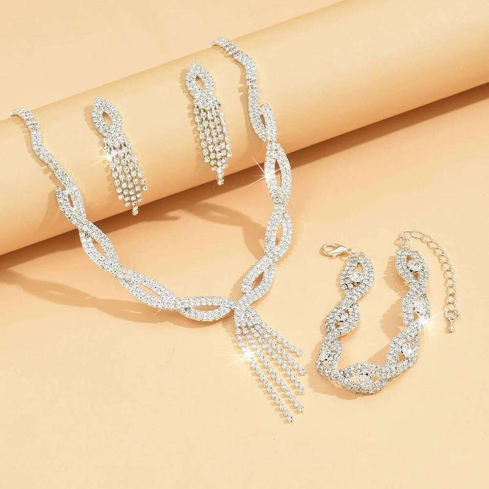 4Pc Women's Fashion Copper Claw Chain Hollow Tassel Necklace Earrings Bracelet Jewelry Set Wedding Banquet Party Festival Gift