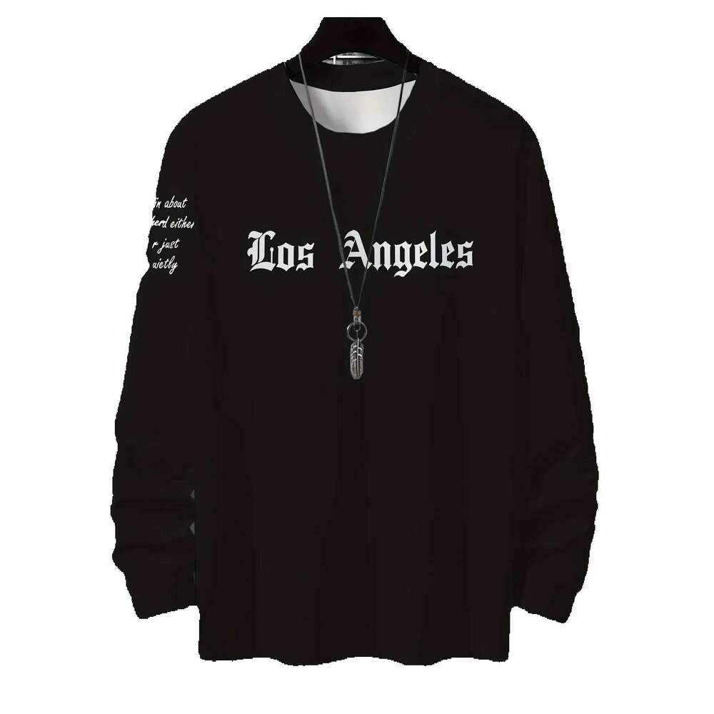 Men's Casual Long Sleeve T-Shirt With Los Angeles Graphic Print - Black & White Gothic Lettering, Round Neck, Hine Washable, Autumn Winter Fashio