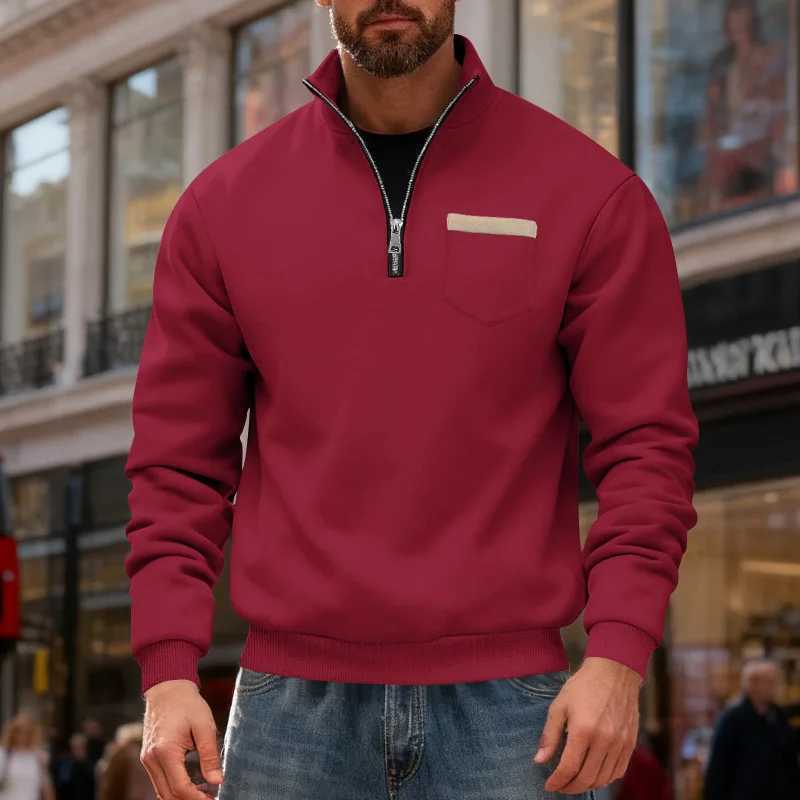 Mens Fleece Pullover Jacket 2025 American Autumn Winter Simple Retro SemiZip StandUp Collar Loose Casual LongSleeved for Men W251027