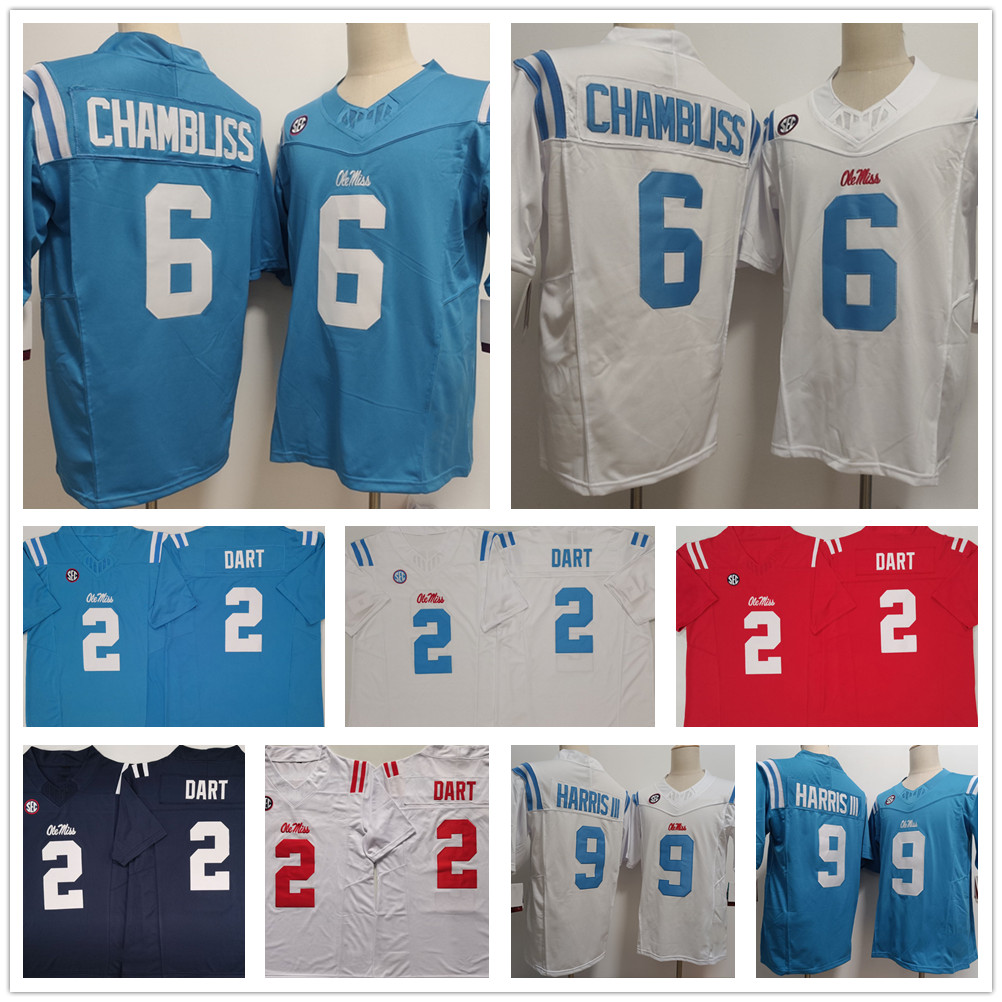 2026 Men's Ole Miss College Rebels Football Jersey 6 Trinidad Chambliss 2 Jaxson Dart 9 Tres Harris III 14 DK Metcalf Stitched