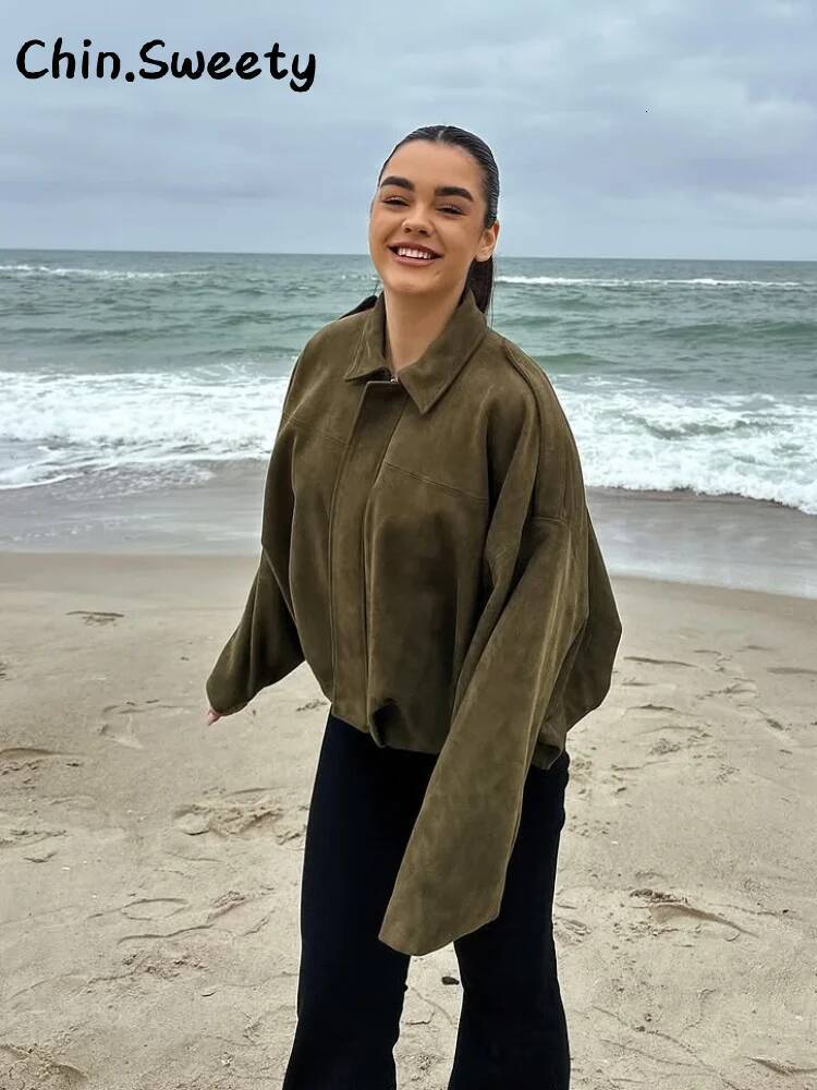 winter jacket women Vintage Suede Green Bomber Jacket Women Loose Lapel Full Sleeve Zipper Commute Coat Autumn Lady High Street All-match Coats