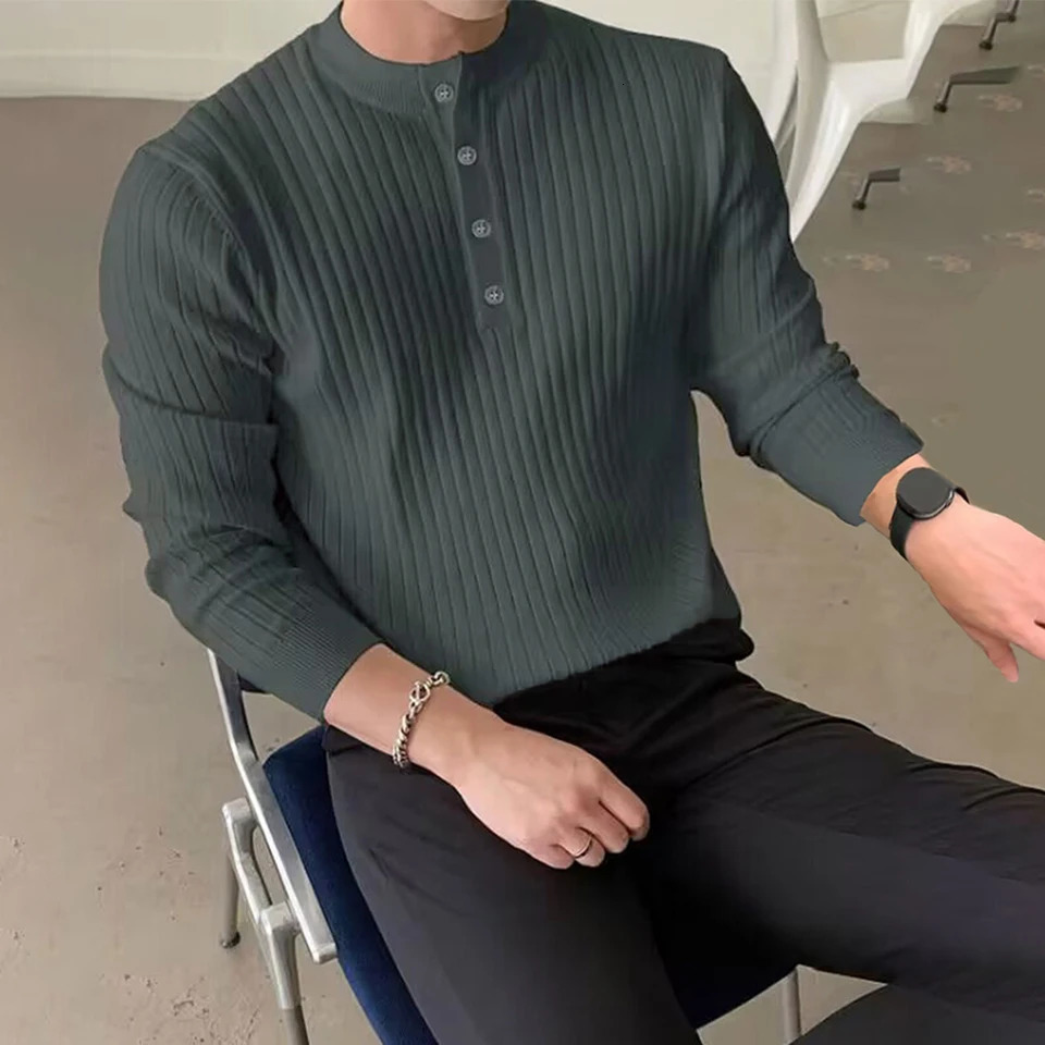 Men Winter Half Turtleneck Button Neck Long Sleeve Sweater Top Knitwear Pullover Causal Fashion Solid Color Tops 251016