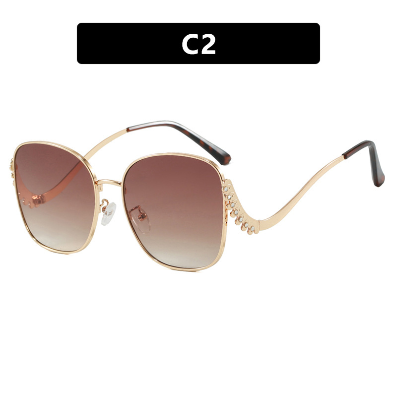 2025 Crystal Accent Square Sunglasses for Women Curved Temple Metal Frame UV 400 Bold Fashion Shades