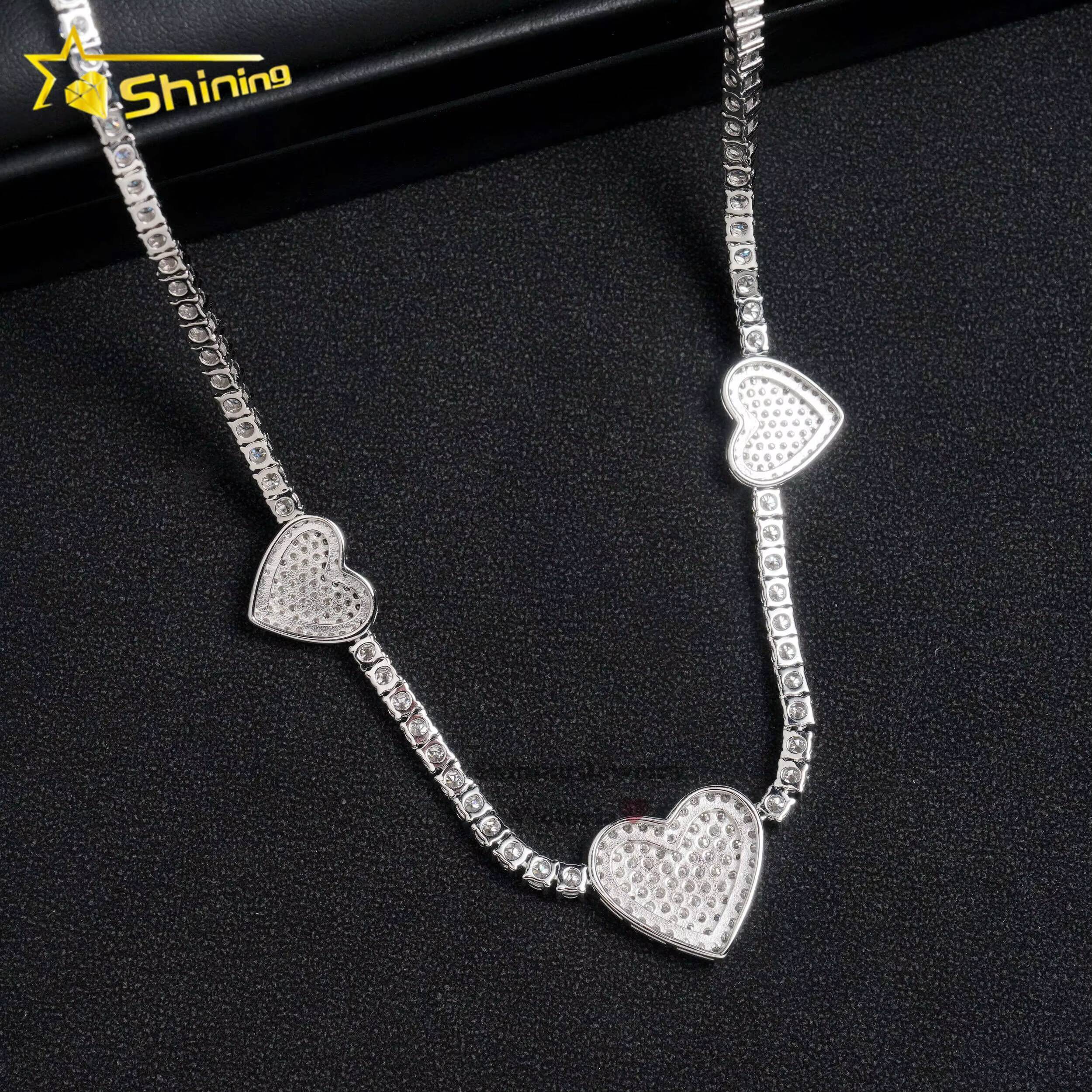 New Heart Collection Mens 3MM Gold Plated 925 Sterling Silver VVS Moissanite Diamond Iced Out Tennis Necklace Heart Pendant