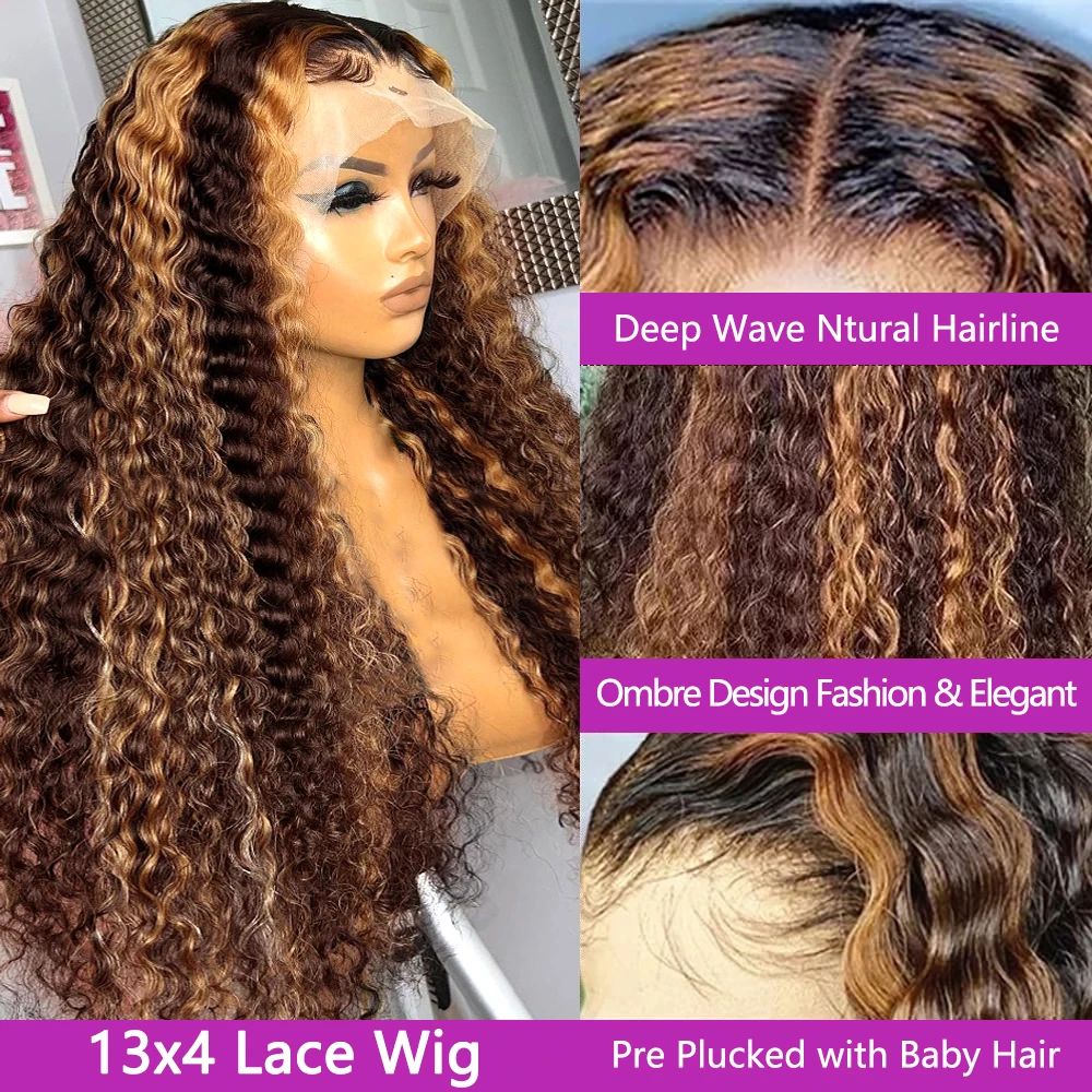 200% Density 4/27 Deep Wave Wigs Glueless 360 Lace Frontal Wigs Human Hair Highlight Ombre Brown Curly Lace Wigs For Women
