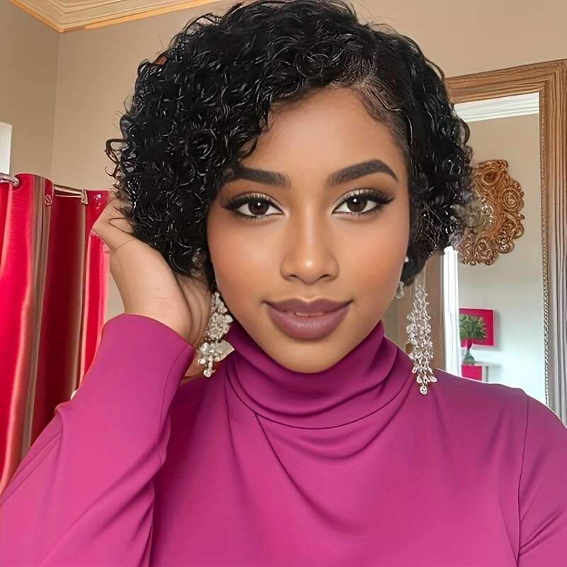 Women's Jerry Curl Remy Human Hair Wig 150% Density Pixie Cut With Transparent Frontal Lace 13X4x1, Pre-Plucked Hairline & Any Part Natural Look 