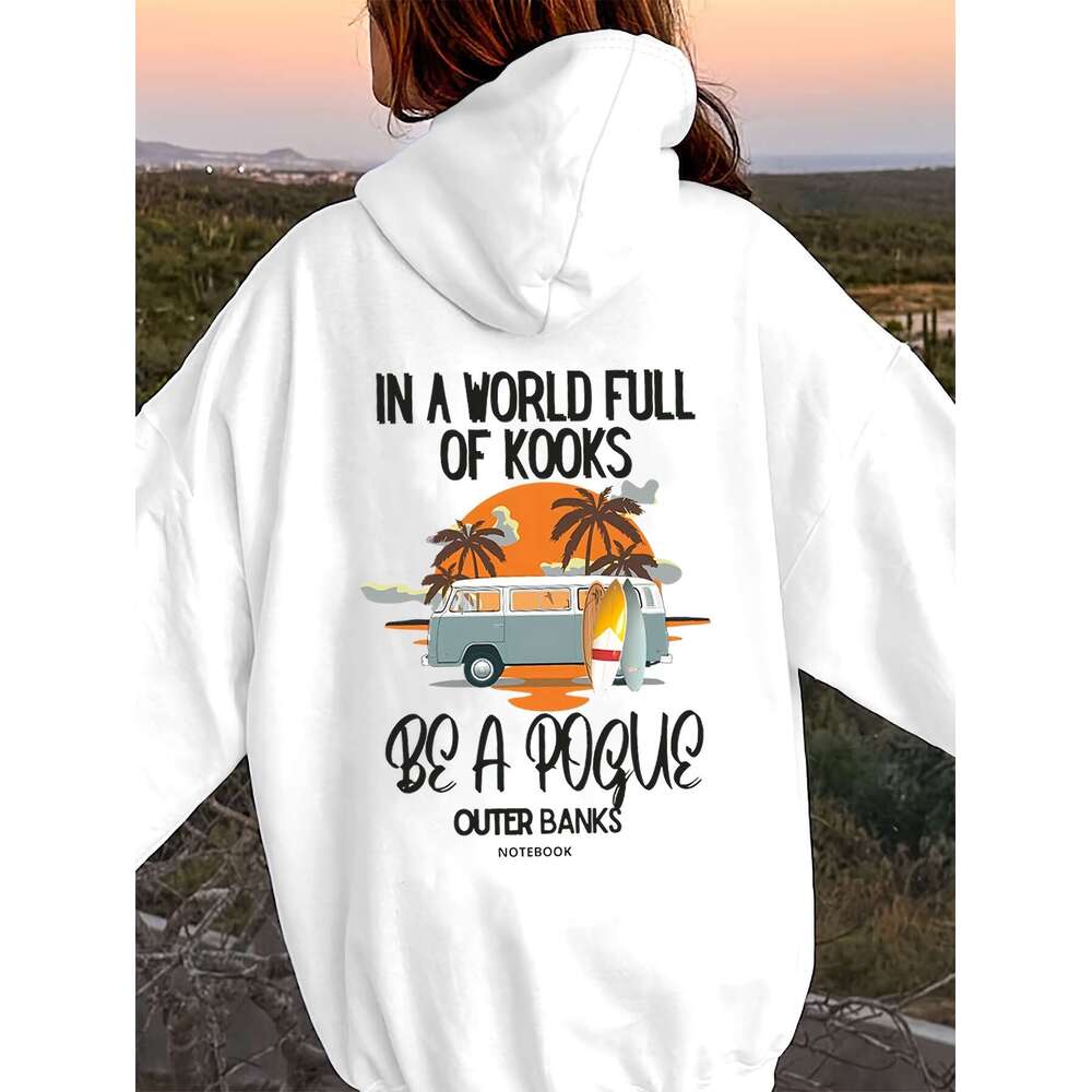Outer Banks-Inspired Casual Hoodie For Women Alphabet Pattern Print, Personalized Emed Sweatshirt, Polyester Knit Fabric, Hooded, Long Sleeve, Fall/Wi