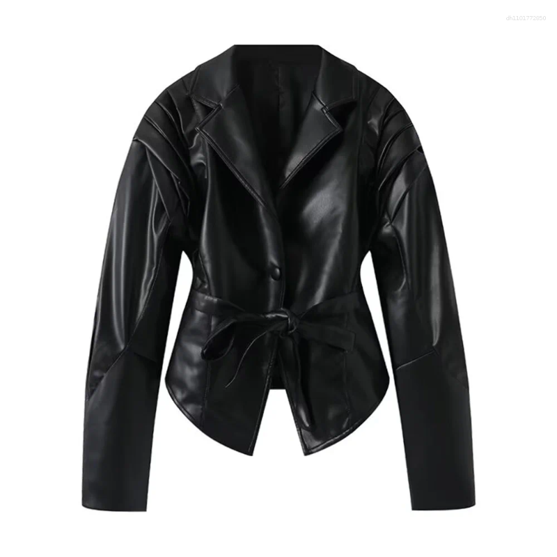 Women's Jackets Style European And American Lapel Waist Cinching Strap Long Sleeved Short Jacket Top Coat
