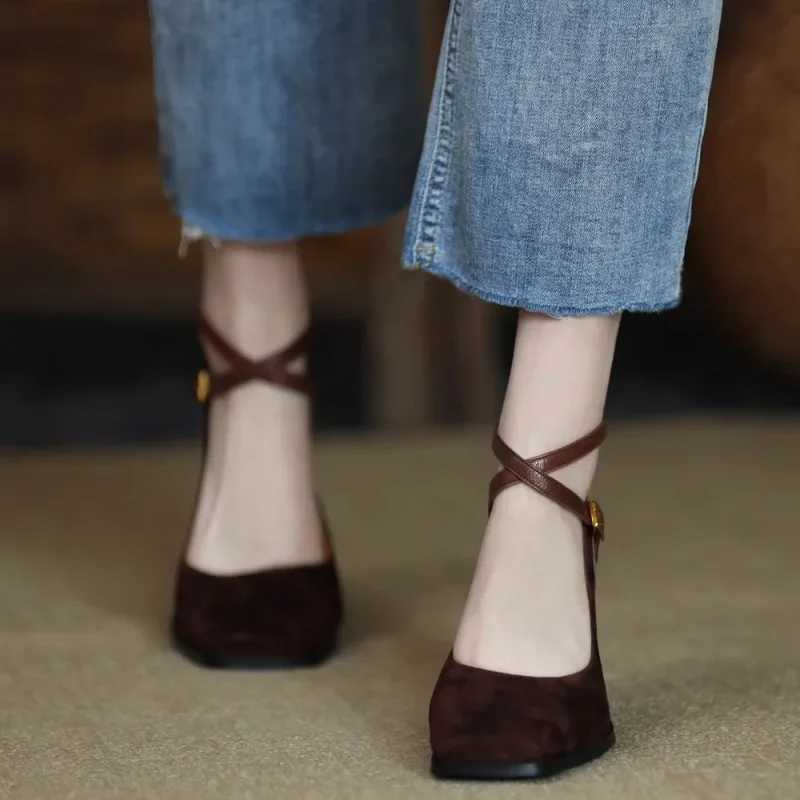 Spring and Autumn New Fi Square Toe Thick Heel Matte Sexy Trendy Cross Buckle Womens ShoesXJ251027