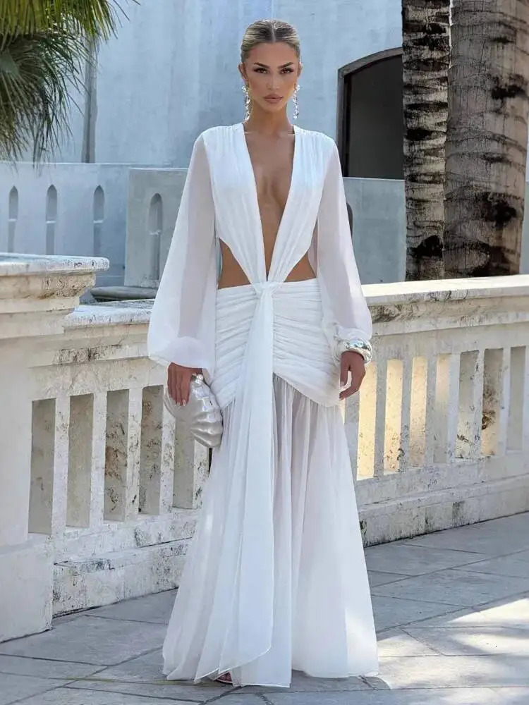 Avrilyaan Deep V Hollow Chiffon Backless Sexy Party Dress Women 2025 Spring Summer Dress Nightclub Bodycon Maxi Long Dresses 251027