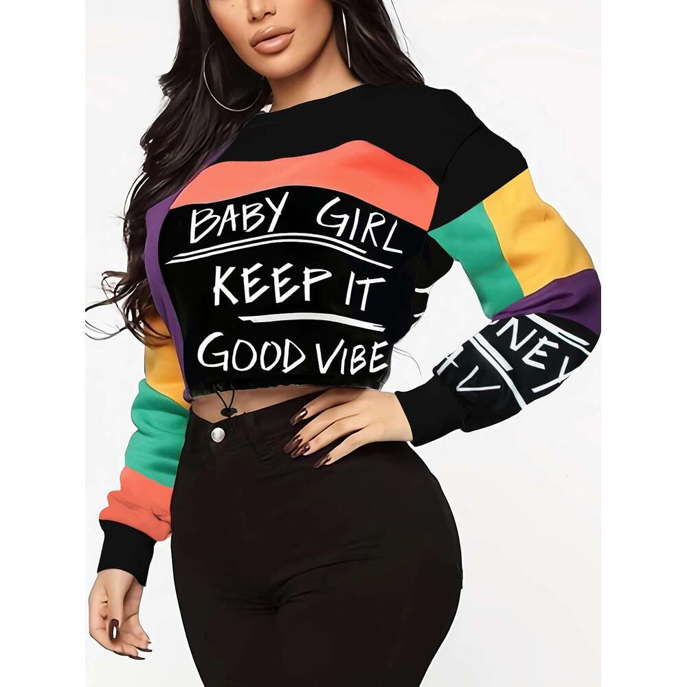 Women's Elegant Block Letter Print Pullover Top - Soft Long Sleeve Shirt With Adjustable Drawstring Waist, Hine Washable Casual Chic Blended Colo