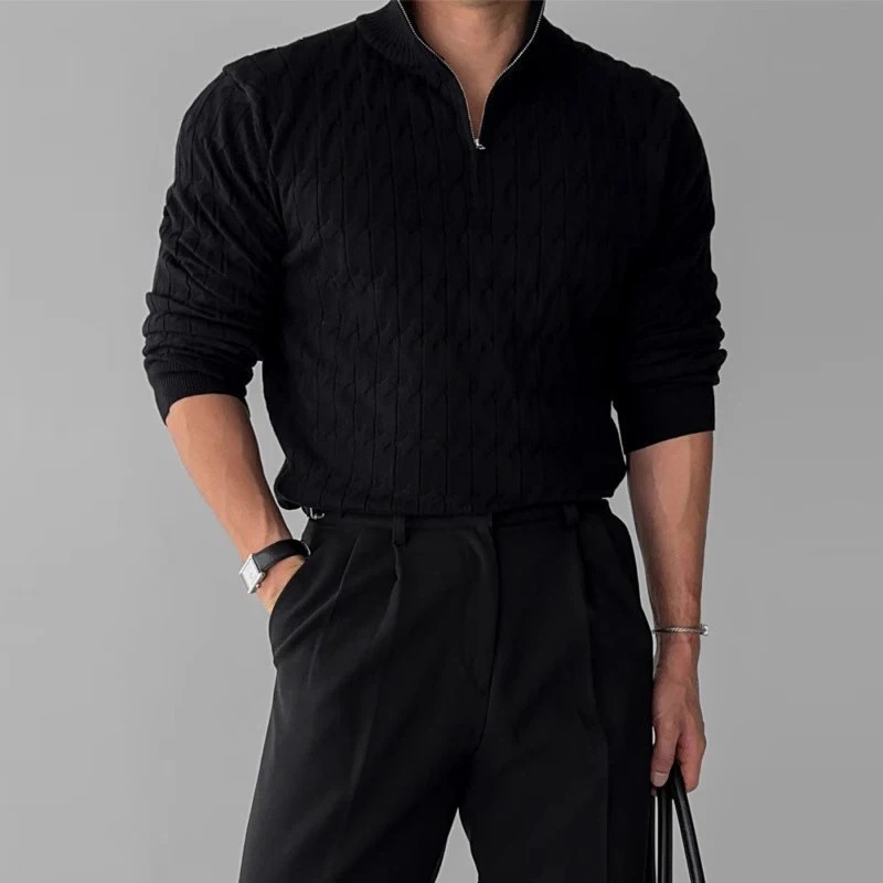 Mens Leisure Knit Mock Turtleneck Zipper Pullover Sweater Streetwear Retro Solid Long Sleeve Korean Knitwear 251016