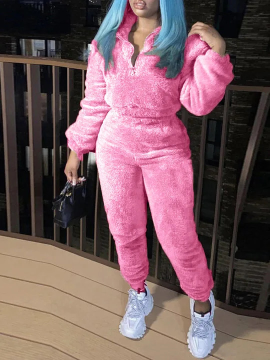 Winter Plush Two Piece Set Casual Home Warm Suit For Women Fashion Zipper Lapel Pullover Top Elastic Waist Trousers 251027