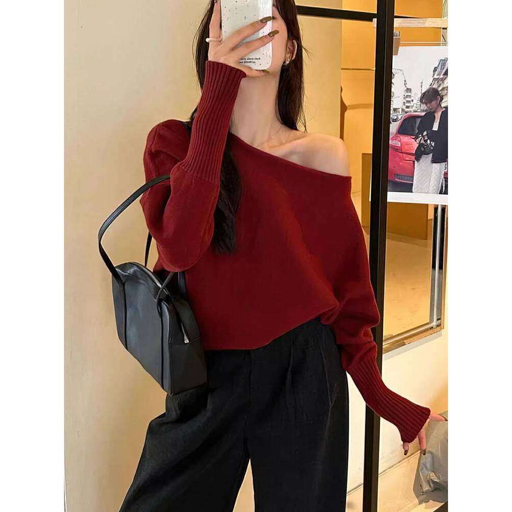 Batwing Long Sleeve Knitted Pullover Women 300G Thick Off Shoulder Top Korean Fashion Sweater Loose Casual Autumn Outwear Pull Women Sweater Designer 