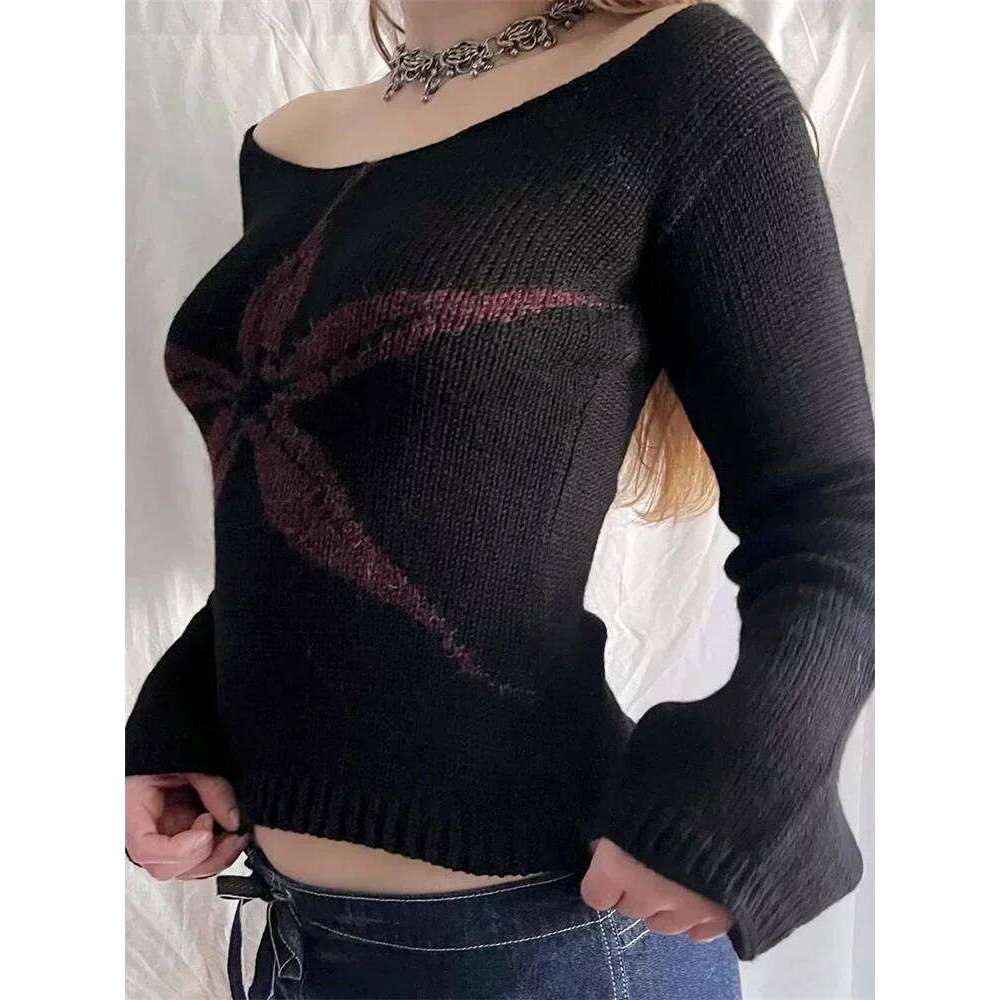 Women's Knit Tops Off Shoulder Slim Sweater Graphic Print Long Sleeve Knitwear Spring Fall Y2k Aesthetic Streetwear Women Sweater Designer Sweate