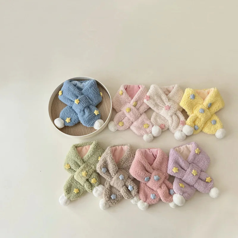 16years Childrens Scarf Autumn and Winter Korean Version Ins Simple Labeling Star Plush Cross Boys and Girls Baby Scarfs 251027