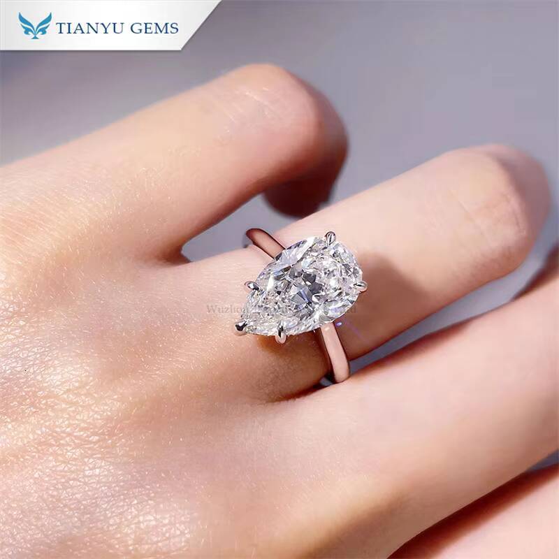 Tianyu Gems 4ct Pear Cut E VS1 Lab Diamond Ring 18k 14k 10k White Gold Solitaire Rings Wedding Engagement Customized for Women