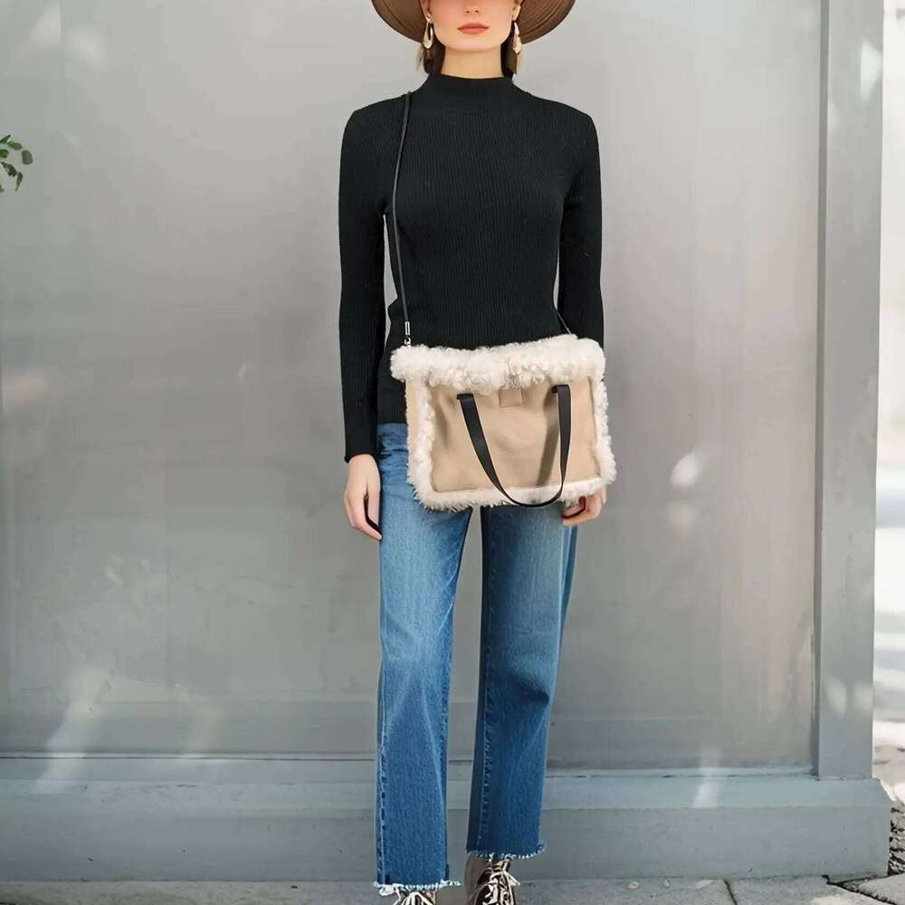 Designer Luxury Shearling Shouder Real Sheep Leather Lining Lamb Fur Handbag Casual Tote Nude Color Fashion Shopping Bag A
