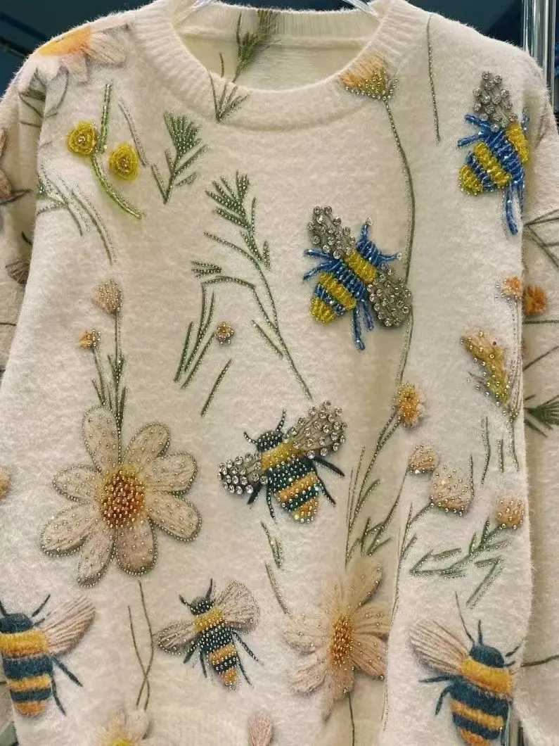 New Trend Heavy Industry Diamond Stitch Y2K Sweater for Women Autumn Winter Loose Casual Round Neck Knitted Pullover JumpersT251027