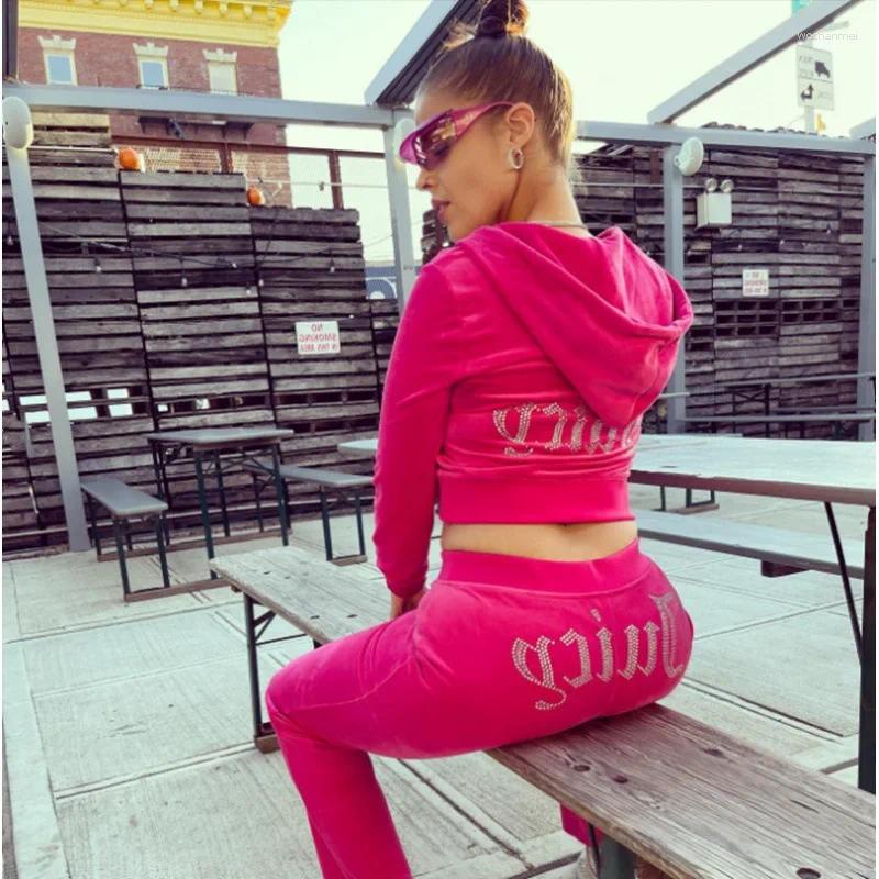 Women's Two Piece Pants Personalized Velvet Hooded Rhinestone Long Sleeved Top Elastic Waist Wide Leg Autumn Winter Womens Fashionable C260312