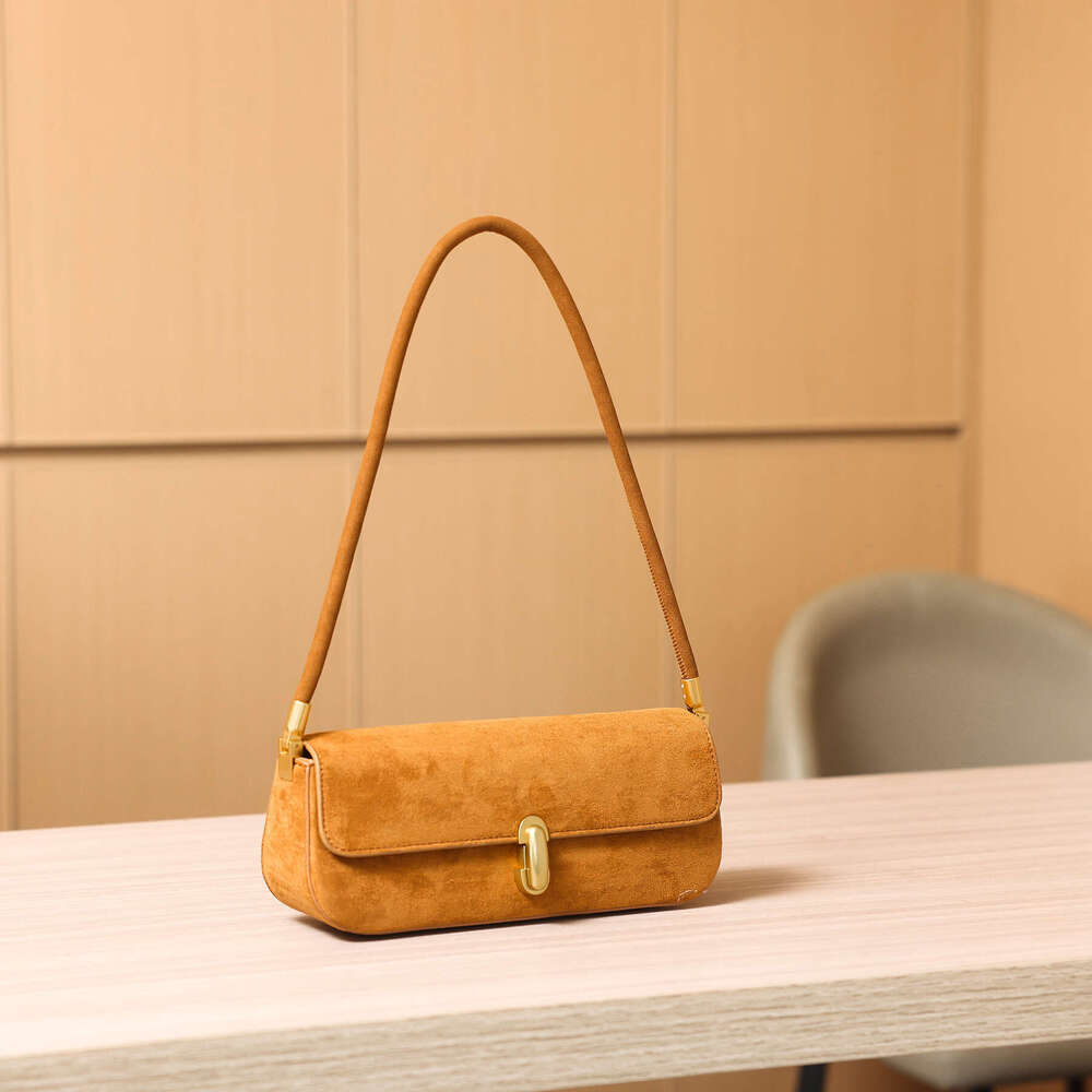 2025 Stylish Suede Shoulder Bag - Chic Baguette Design With Golden-Tone Lock Closure, Light Brown/Red, PU Material, Polyester Lining, Perfect For Casu