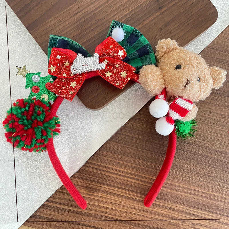 Disney 1 senior Christmas plush teddy bear headband with red and green plaid bow Christmas hat and scarf winter celebration H251027