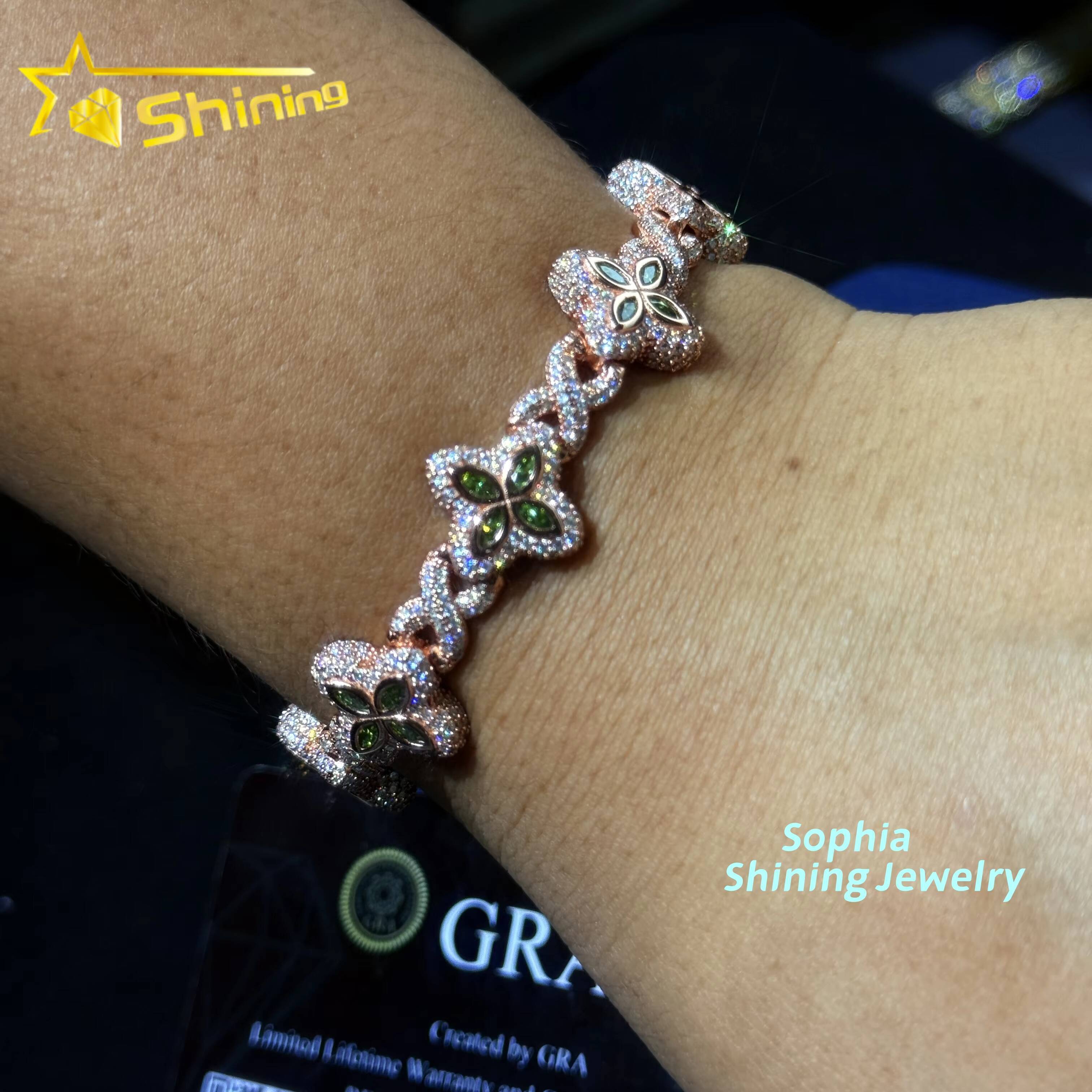 New Arrivals Fashion Jewelry 925 Sterling Silver Vvs Green Color Moissanite Diamond Four Leaf Clover Cuban Link Tennis Bracelet