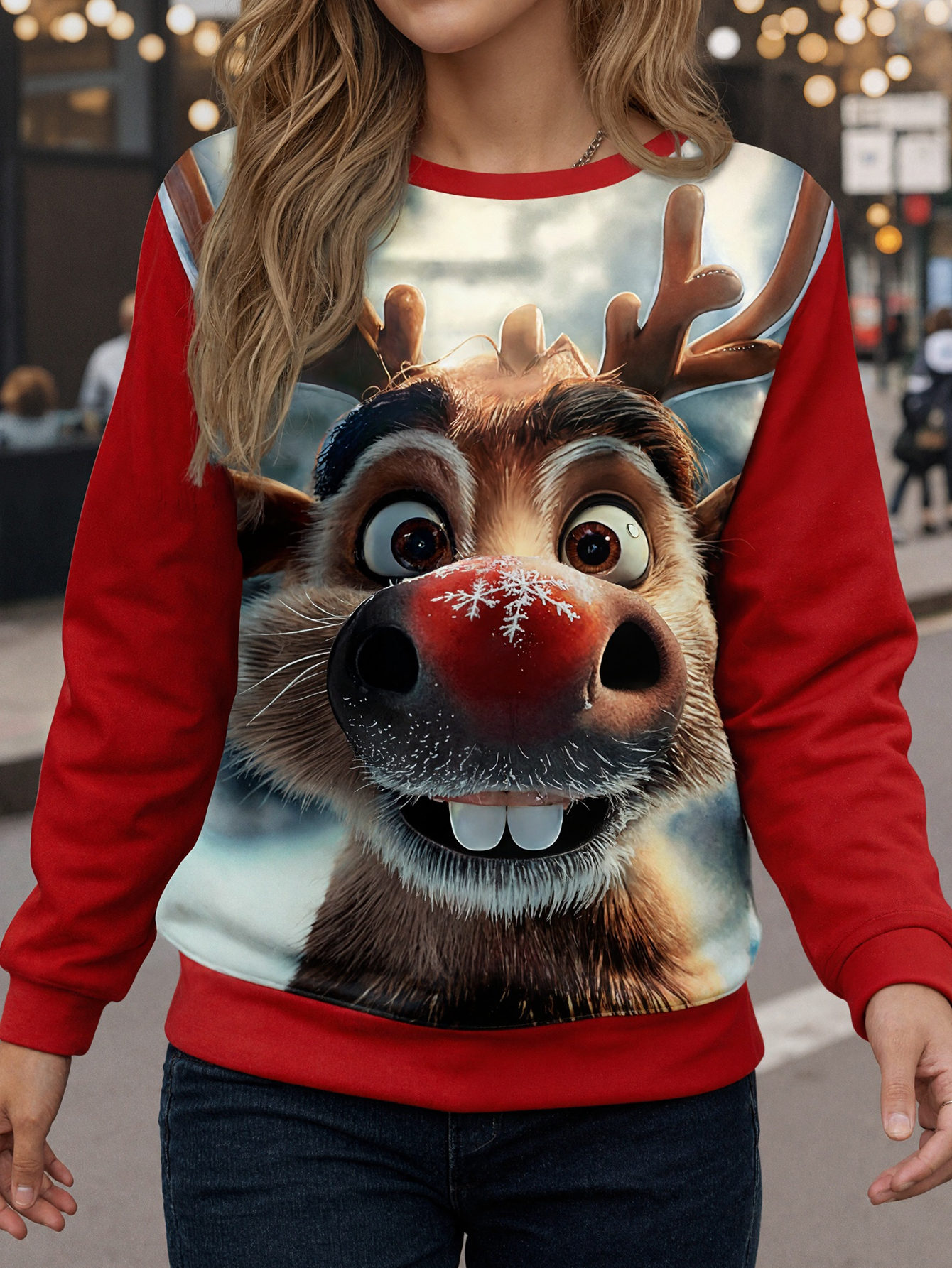 Christmas Cute Fashion Red-Nosed Reindeer Printed Women's Sweatshirt, Autumn Winter Red Party Casual Thin Long Sleeve Top, Milk Silk Sweatshirt, 